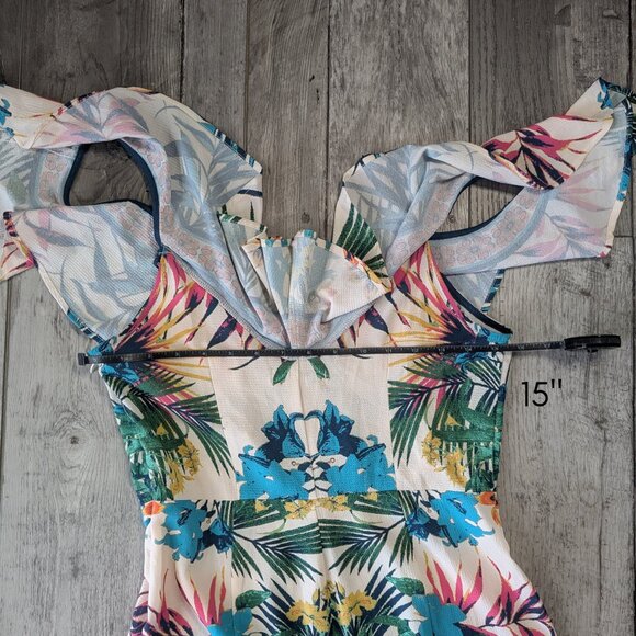 Flying Tomato, Strappy Cold Shoulder Ruffle Pants Romper, Tropical Print, Sz S - Picture 9 of 9
